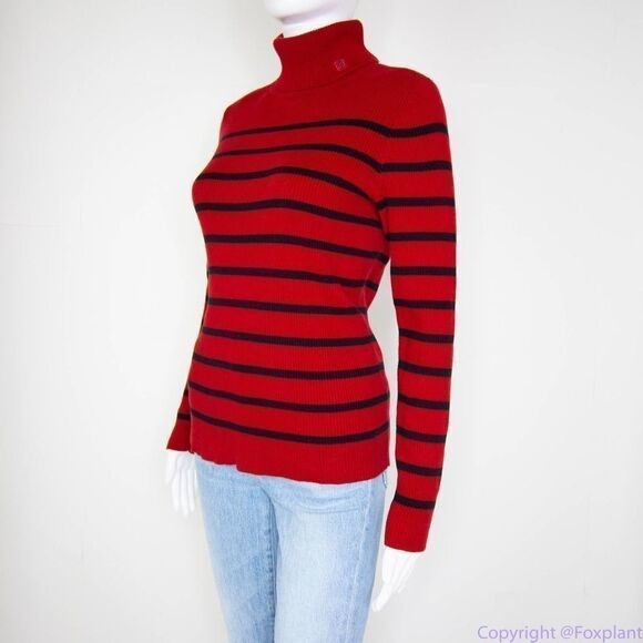 Lauren Ralph Lauren red cotton turtle neck sweater with black stripes, women's M - Picture 15 of 16